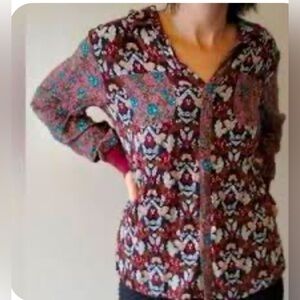 Anthropologie Button-Down Floral Mosaic Shirt - Burgundy, Teal, White